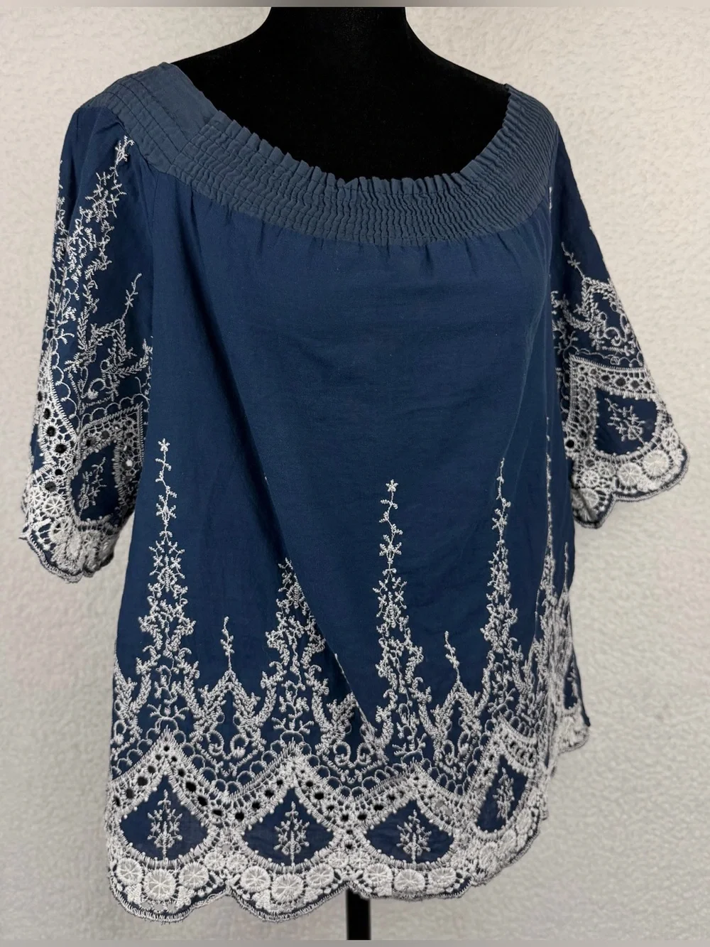 Navy Blue/White Embroidered Boho Smocked-Neck Peasant Blouse, M - Picture 8 of 10